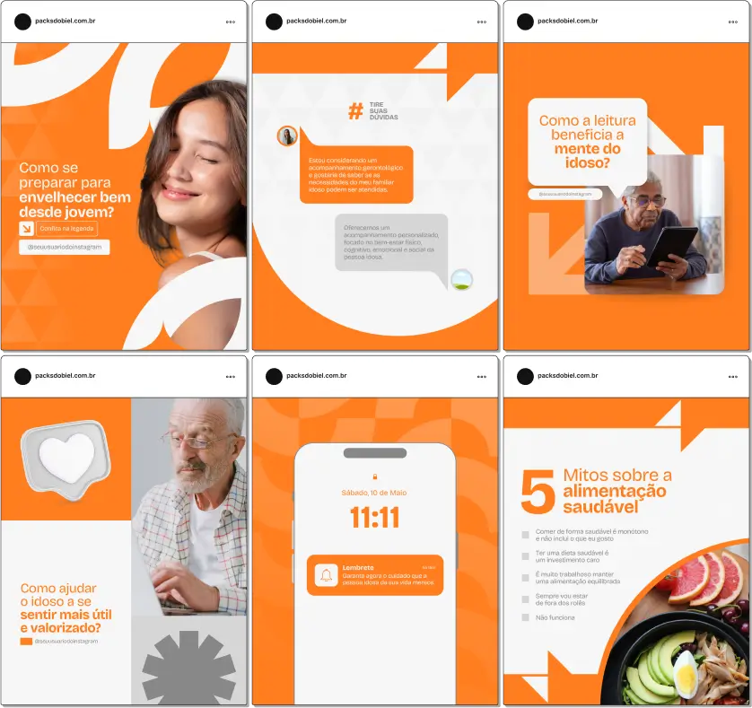 Pack Canva Gerontologia – Posts e artes editáveis para perfis de gerontologia no Instagram e redes sociais. Compartilhe conteúdos sobre autonomia do idoso, envelhecimento ativo, saúde mental e física na velhice, prevenção de doenças e educação gerontológica. Destaque seu perfil e amplie seu alcance profissional.