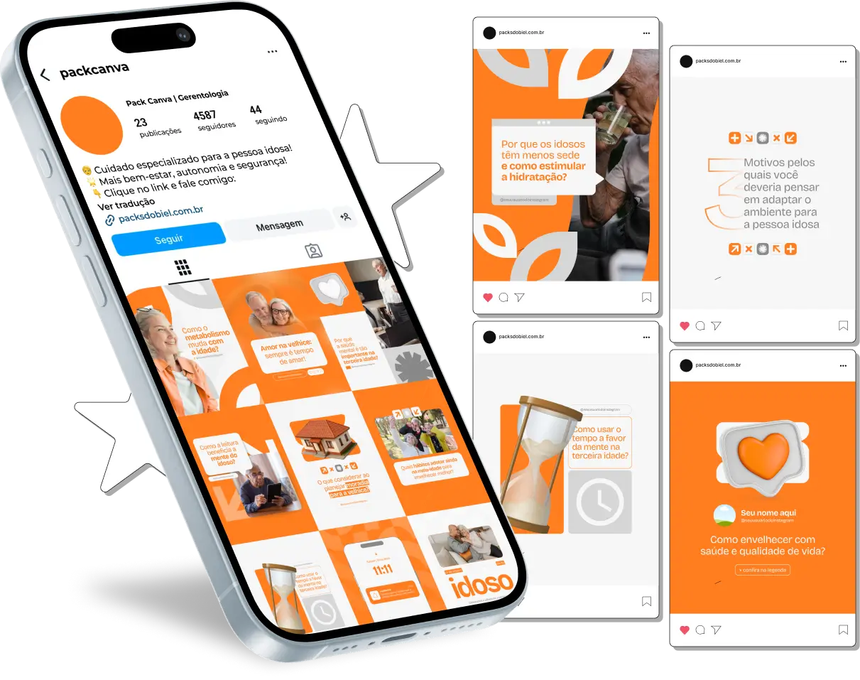 Pack Canva Gerontologia – Posts e artes editáveis para perfis de gerontologia no Instagram e redes sociais. Compartilhe conteúdos sobre autonomia do idoso, envelhecimento ativo, saúde mental e física na velhice, prevenção de doenças e educação gerontológica. Destaque seu perfil e amplie seu alcance profissional.