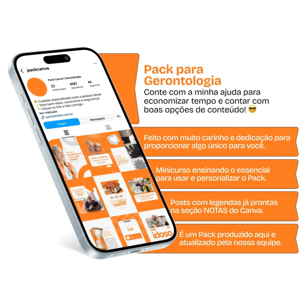 Pack Canva Gerontologia – Posts e artes editáveis para perfis de gerontologia no Instagram e redes sociais. Compartilhe conteúdos sobre autonomia do idoso, envelhecimento ativo, saúde mental e física na velhice, prevenção de doenças e educação gerontológica. Destaque seu perfil e amplie seu alcance profissional.