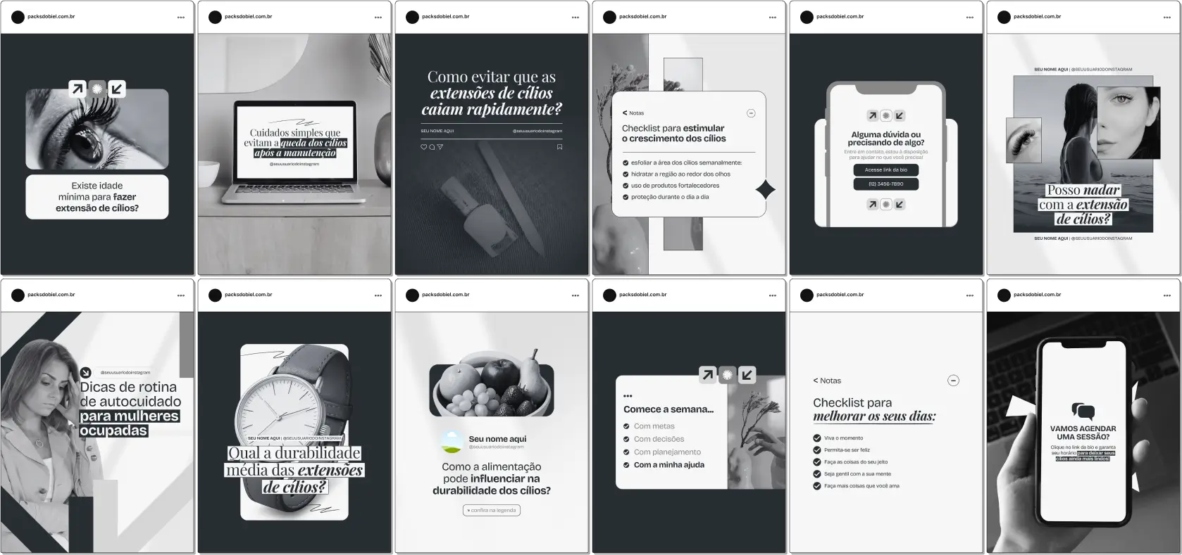 Pack Canva Lash Designer – Artes e conteúdos prontos e 100% editáveis para lash designers que desejam profissionalizar o Instagram com posts sobre volume russo, fio a fio, manutenção dos cílios, mitos e verdades da extensão e diferenciais do atendimento. Posicione sua marca e gere mais agendamentos com conteúdo de autoridade.