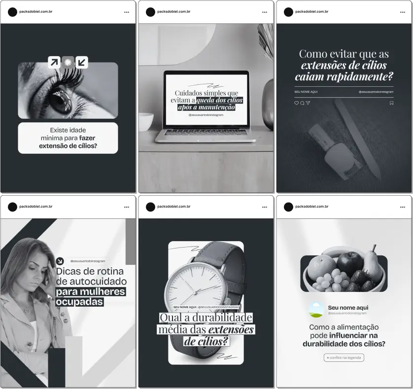 Pack Canva Lash Designer – Artes e conteúdos prontos e 100% editáveis para lash designers que desejam profissionalizar o Instagram com posts sobre volume russo, fio a fio, manutenção dos cílios, mitos e verdades da extensão e diferenciais do atendimento. Posicione sua marca e gere mais agendamentos com conteúdo de autoridade.