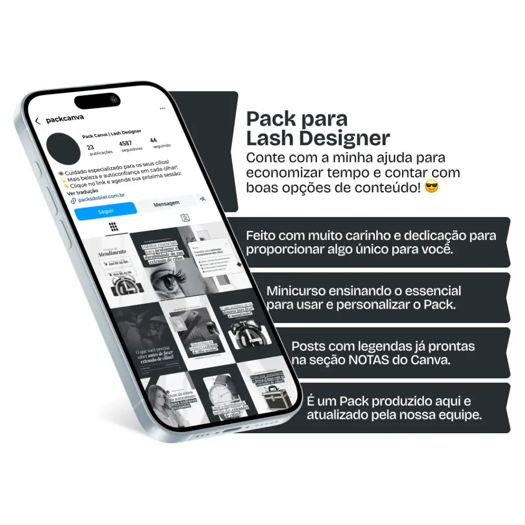 Pack Canva Lash Designer – Artes e conteúdos prontos e 100% editáveis para lash designers que desejam profissionalizar o Instagram com posts sobre volume russo, fio a fio, manutenção dos cílios, mitos e verdades da extensão e diferenciais do atendimento. Posicione sua marca e gere mais agendamentos com conteúdo de autoridade.