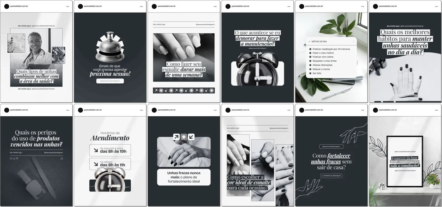 Pack Canva Nail Designer – Kit com posts e artes editáveis para Instagram e redes sociais, ideal para nail designers, manicures, especialistas em alongamento de unhas, unhas decoradas e embelezamento das mãos. Publique conteúdos criativos sobre tendências, cuidados, dicas de esmaltação, promoções e portfólio de trabalhos.