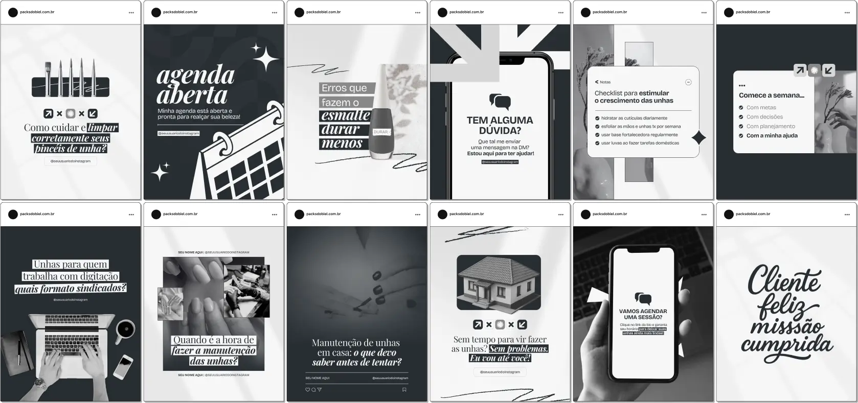 Pack Canva Nail Designer – Artes e posts editáveis para perfis profissionais no Instagram voltados à área da beleza das unhas. Compartilhe conteúdo visualmente atrativo sobre técnicas de nail art, manutenção, cuidados com as cutículas, unhas em gel e fidelização de clientes. Destaque seu perfil e atraia novos atendimentos com uma comunicação estratégica.