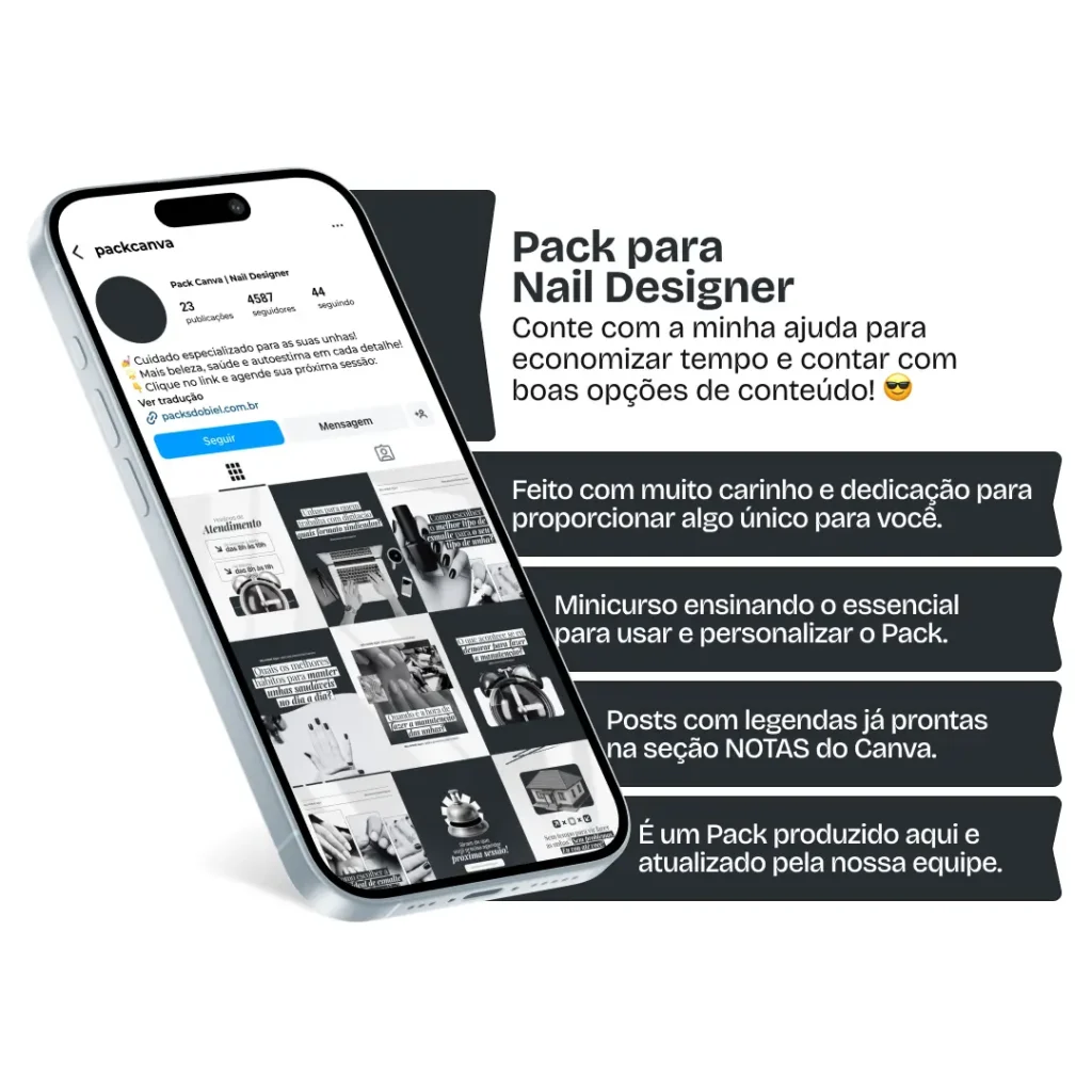 Pack Canva Nail Designer – Artes e posts editáveis para perfis profissionais no Instagram voltados à área da beleza das unhas. Compartilhe conteúdo visualmente atrativo sobre técnicas de nail art, manutenção, cuidados com as cutículas, unhas em gel e fidelização de clientes. Destaque seu perfil e atraia novos atendimentos com uma comunicação estratégica.
