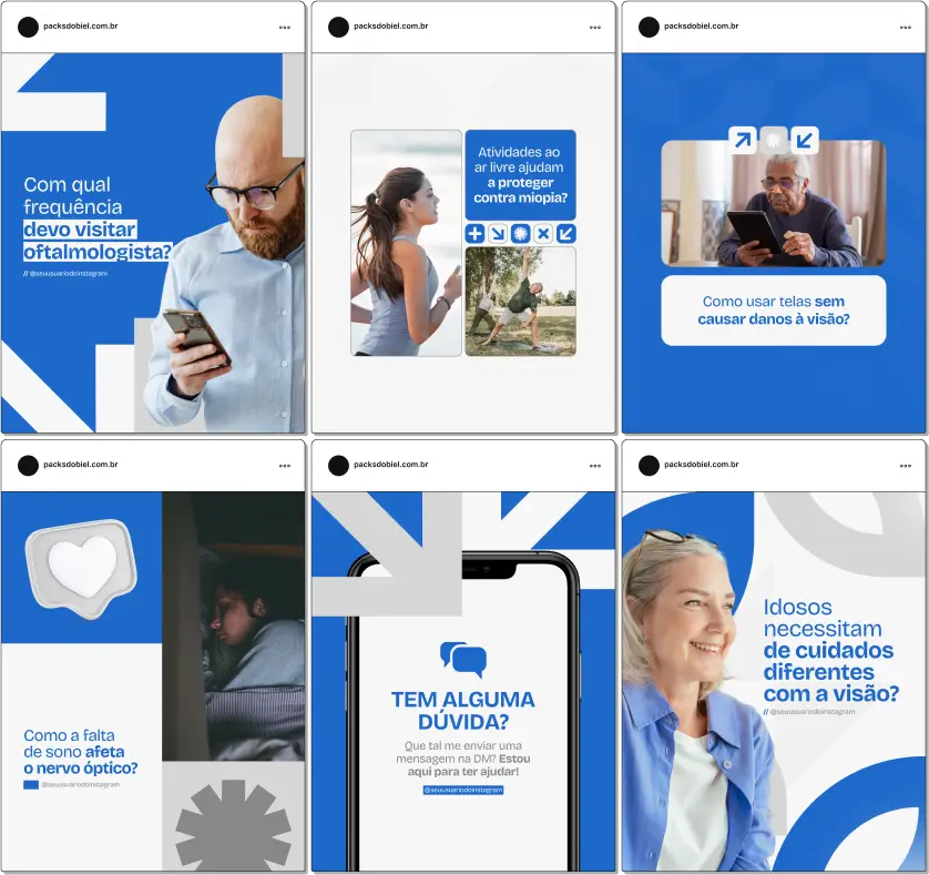 Pack Canva Oftalmologia – Kit com posts e artes editáveis para Instagram, ideal para oftalmologistas, clínicas de oftalmologia e profissionais da saúde ocular. Publique conteúdos sobre cuidados com a visão, prevenção de doenças oculares, dicas para saúde dos olhos, tratamentos e novidades no campo da oftalmologia.