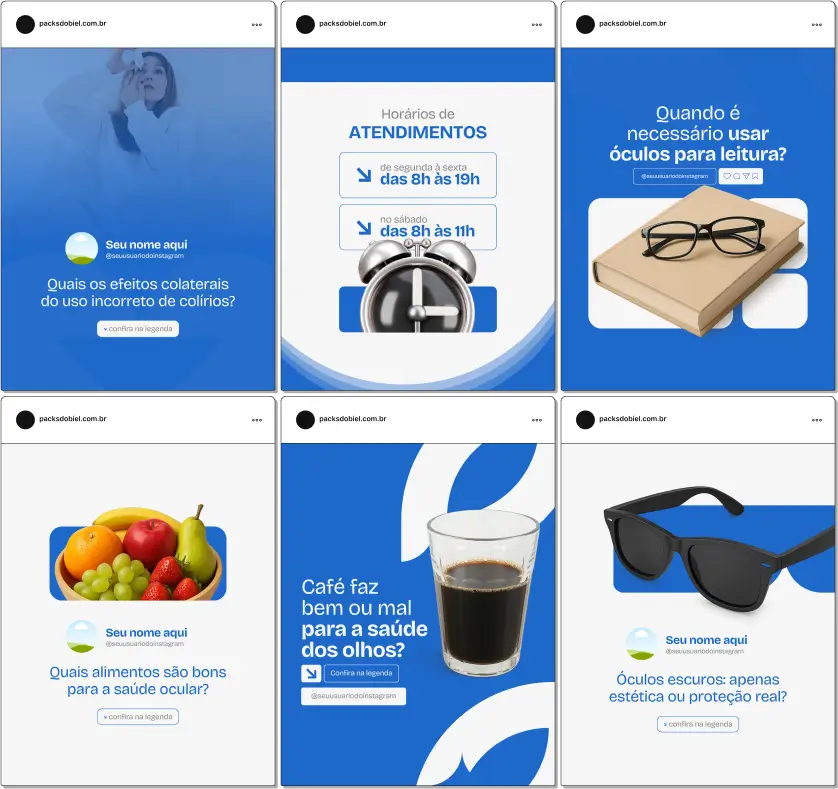 Pack Canva Oftalmologia – Kit com posts e artes editáveis para Instagram, ideal para oftalmologistas, clínicas de oftalmologia e profissionais da saúde ocular. Publique conteúdos sobre cuidados com a visão, prevenção de doenças oculares, dicas para saúde dos olhos, tratamentos e novidades no campo da oftalmologia.