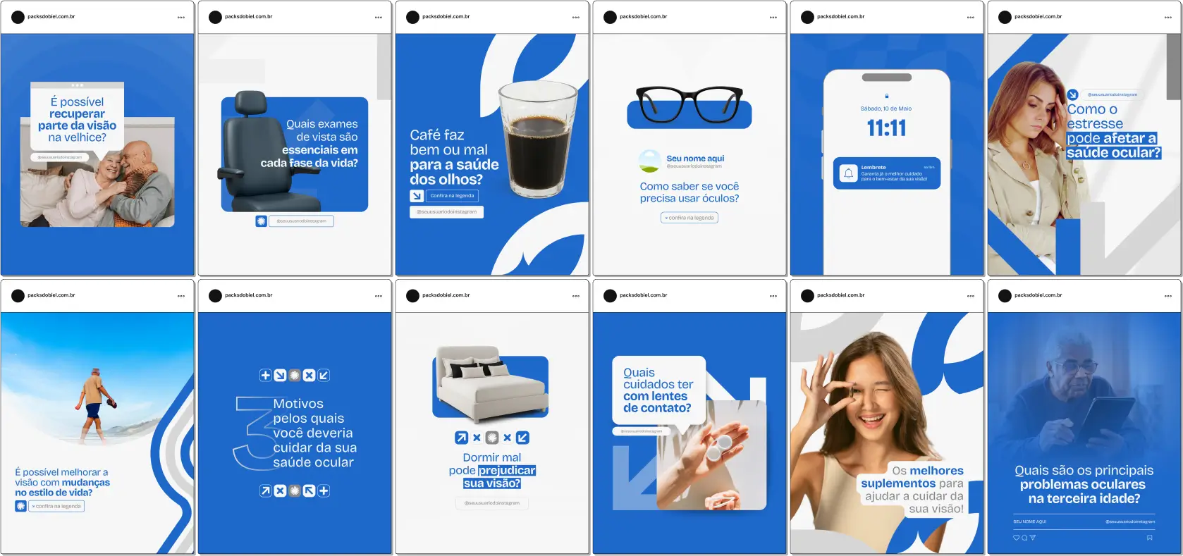 Pack Canva Oftalmologia – Artes e posts editáveis para perfis de oftalmologistas no Instagram. Compartilhe informações sobre exames oftalmológicos, saúde visual, cuidados com a visão em diferentes idades, diagnóstico precoce e tratamentos modernos para doenças oculares. Amplie sua presença digital e atraia pacientes com conteúdos informativos e engajadores.