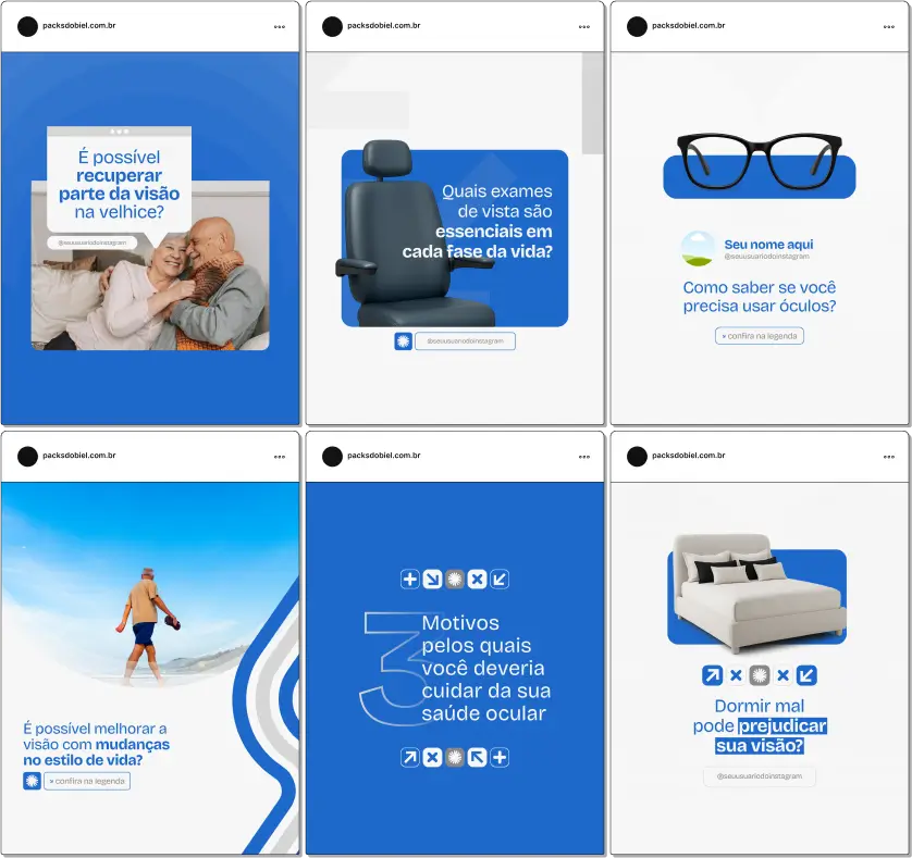 Pack Canva Oftalmologia – Artes e posts editáveis para perfis de oftalmologistas no Instagram. Compartilhe informações sobre exames oftalmológicos, saúde visual, cuidados com a visão em diferentes idades, diagnóstico precoce e tratamentos modernos para doenças oculares. Amplie sua presença digital e atraia pacientes com conteúdos informativos e engajadores.