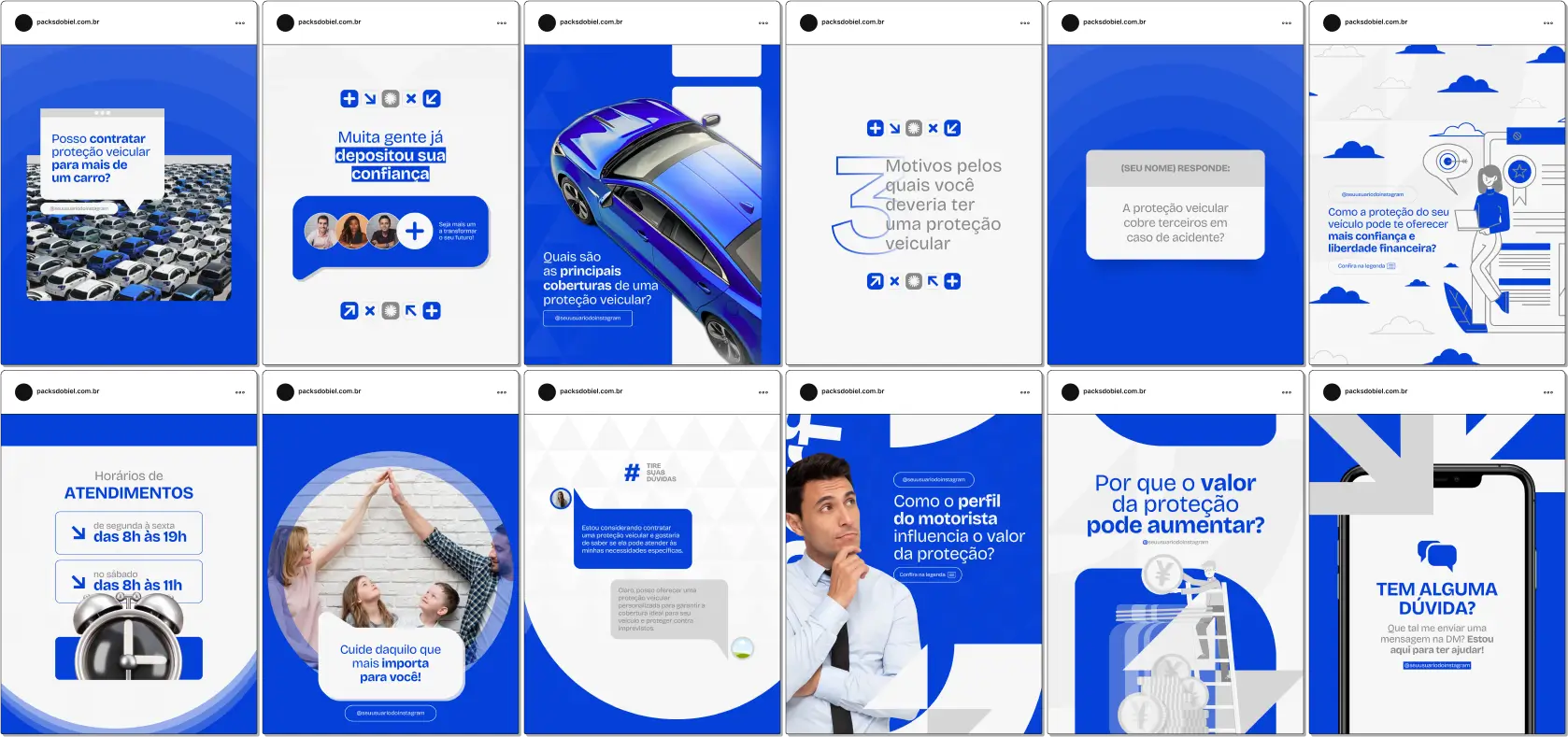 Pack Canva Proteção Veicular – Posts e artes editáveis para perfis de proteção veicular no Instagram e redes sociais. Compartilhe informações sobre assistência 24h, cobertura contra roubo e acidentes, vantagens em relação ao seguro tradicional e fidelização de clientes. Profissionalize seu perfil e aumente seu alcance.