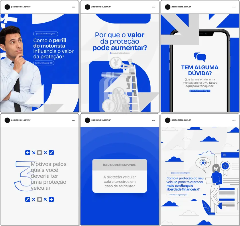 Pack Canva Proteção Veicular – Kit de posts editáveis com artes e conteúdos prontos para Instagram e redes sociais. Crie postagens sobre segurança automotiva, benefícios da proteção veicular, coberturas disponíveis e diferenciais do serviço. Personalize com facilidade e fortaleça sua presença digital.