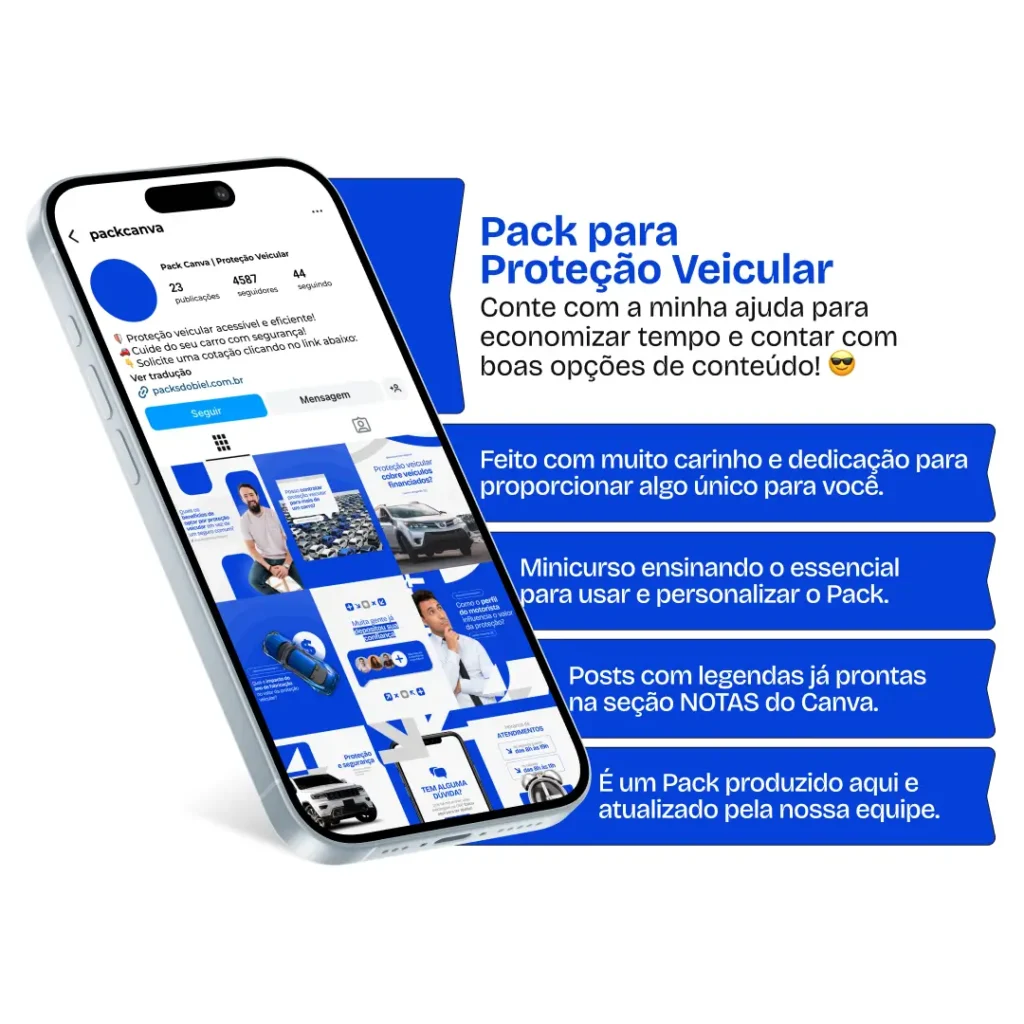 Pack Canva Proteção Veicular – Posts e artes editáveis para perfis de proteção veicular no Instagram e redes sociais. Compartilhe informações sobre assistência 24h, cobertura contra roubo e acidentes, vantagens em relação ao seguro tradicional e fidelização de clientes. Profissionalize seu perfil e aumente seu alcance.