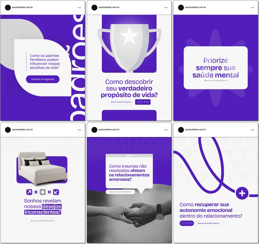 Pack Canva Psicanálise – Conjunto de posts e artes editáveis que exploram temas como autoconhecimento, superação de traumas e terapias psicanalíticas. Perfeito para profissionais da área, com conteúdos preparados para facilitar a comunicação com seu público nas redes sociais, especialmente no Instagram.