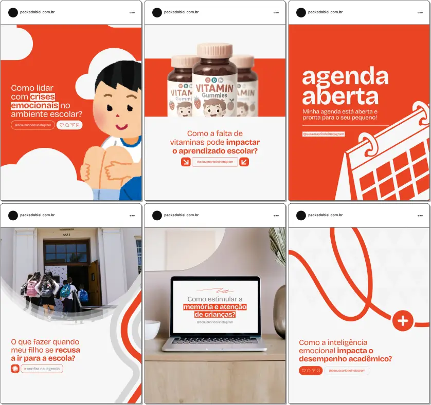 Pack Canva Psicologia Educacional – Coleção de posts editáveis para perfis de psicólogos educacionais, abordando temas como mediação de conflitos escolares, estratégias de aprendizagem e suporte emocional aos estudantes. Conteúdos visuais otimizados para fortalecer sua presença digital e atrair o público-alvo nas redes sociais.