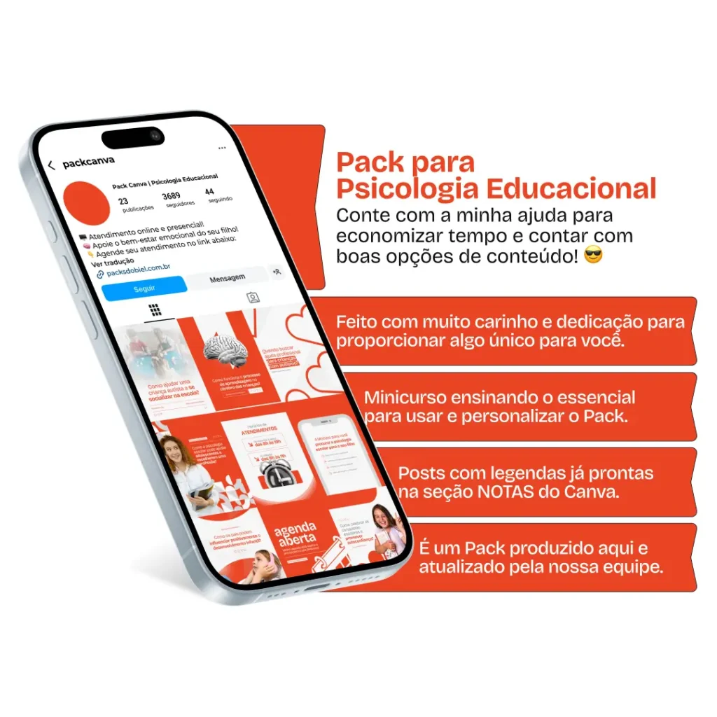 Pack Canva Psicologia Educacional – Posts e artes editáveis para perfis de psicologia educacional no Instagram e redes sociais. Produza conteúdos sobre dificuldades de aprendizagem, transtornos neurodesenvolvimentais, mediação escolar e técnicas de estudo. Profissionalize seu perfil e amplie sua visibilidade online.