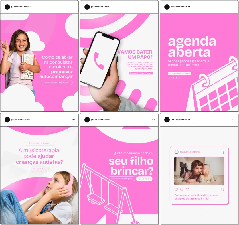 Pack Canva Psicologia Infantil 2.0 – Kit de posts editáveis com artes e conteúdos prontos para Instagram e redes sociais. Atraia mais seguidores, fortaleça sua autoridade e aumente o engajamento com postagens sobre desenvolvimento infantil, educação emocional, desafios comportamentais e apoio parental. Personalize com facilidade e transforme seu perfil profissional.