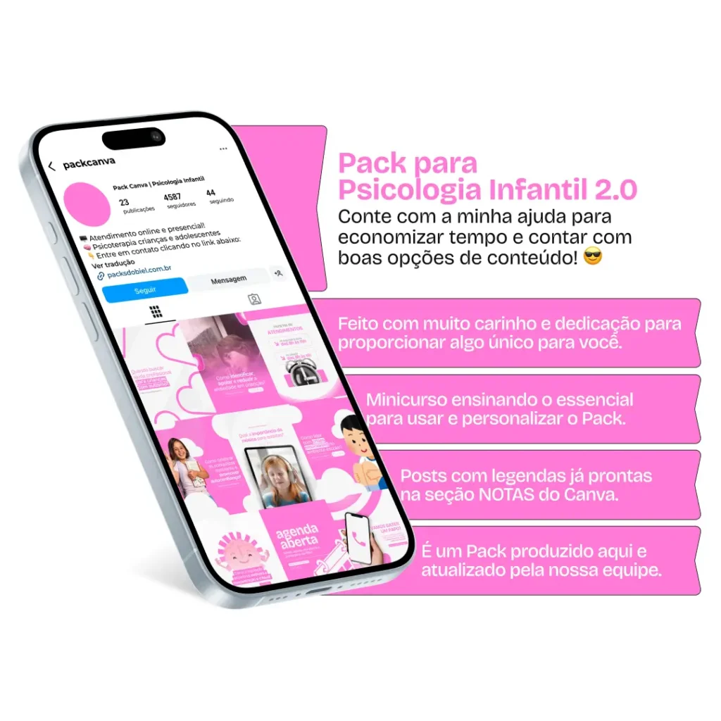 Pack Canva Psicologia Infantil 2.0 – Artes e posts editáveis para perfis de psicologia infantil no Instagram e redes sociais. Crie conteúdos sobre saúde mental infantil, transtornos do desenvolvimento, orientação familiar e práticas terapêuticas. Tenha um perfil atrativo, conquiste visibilidade e destaque-se no digital.