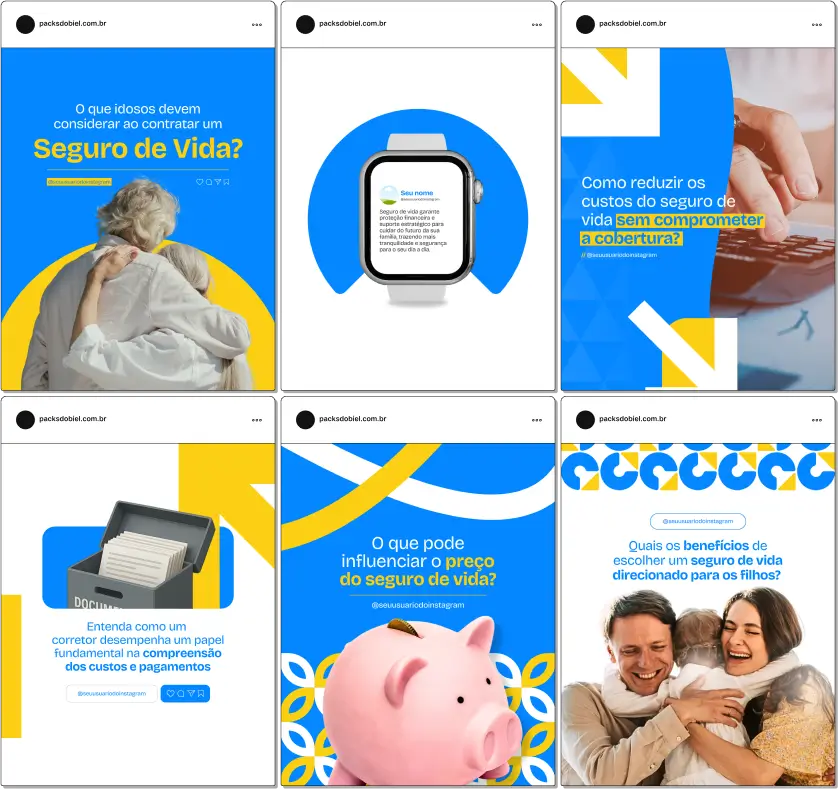 Pack Canva Seguro de Vida – Kit com posts e artes 100% personalizáveis, feito para perfis que desejam destacar os benefícios do seguro de vida, como segurança para a família, planejamento sucessório e tranquilidade em imprevistos. Profissionalize seu Instagram com conteúdos prontos que geram conexão e vendas todos os dias.