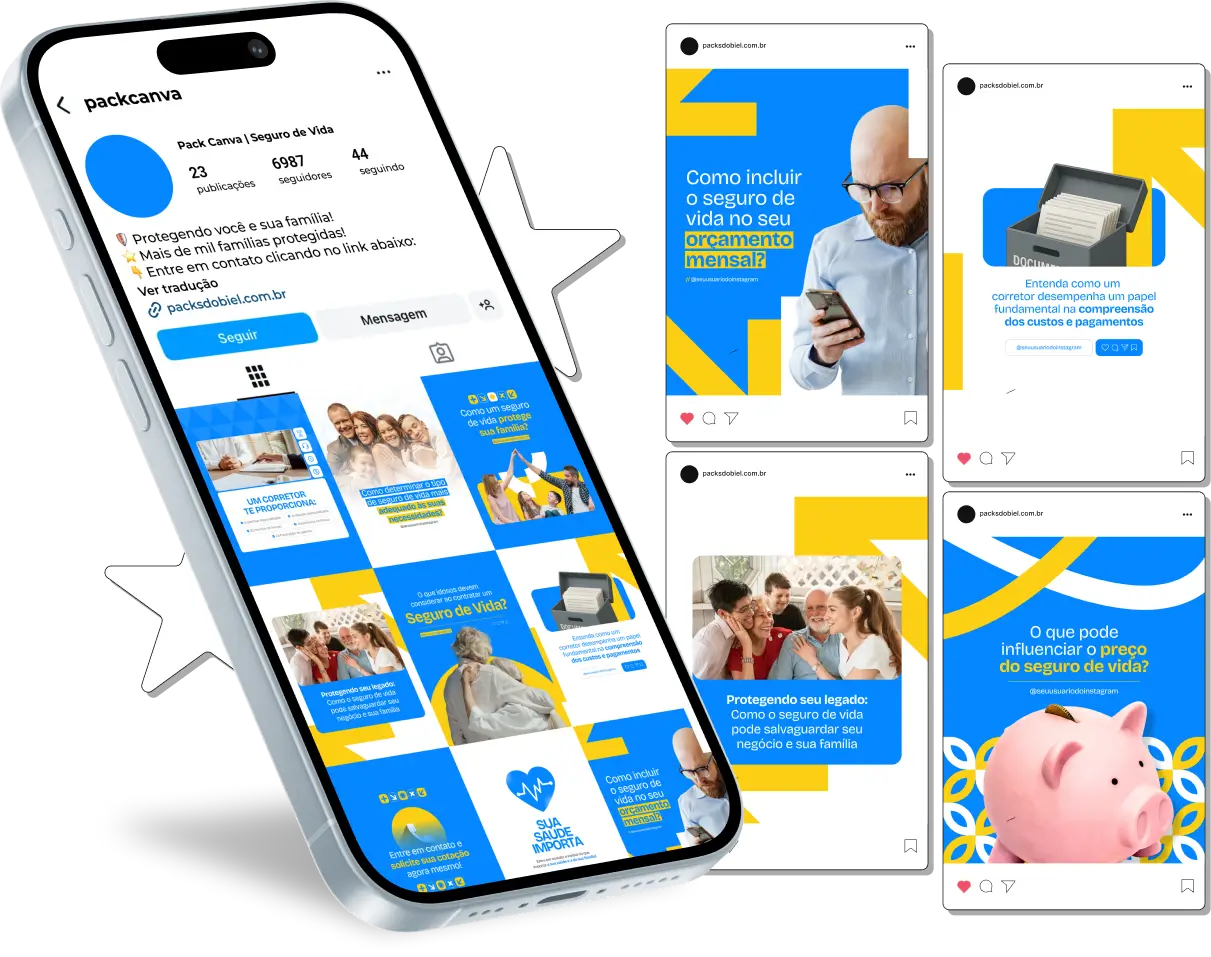 Pack Canva Seguro de Vida – Kit com posts e artes 100% personalizáveis, feito para perfis que desejam destacar os benefícios do seguro de vida, como segurança para a família, planejamento sucessório e tranquilidade em imprevistos. Profissionalize seu Instagram com conteúdos prontos que geram conexão e vendas todos os dias.
