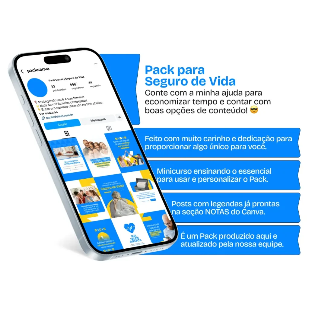 Pack Canva Seguro de Vida – Kit com posts e artes 100% personalizáveis, feito para perfis que desejam destacar os benefícios do seguro de vida, como segurança para a família, planejamento sucessório e tranquilidade em imprevistos. Profissionalize seu Instagram com conteúdos prontos que geram conexão e vendas todos os dias.