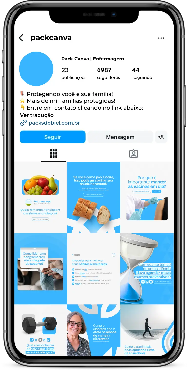 Pack Canva Enfermagem – Kit completo com conteúdos visuais e textos prontos para enfermeiros(as) e estudantes que querem manter um perfil profissional, educativo e atrativo nas redes sociais. Com temas sobre atenção primária, enfermagem clínica, saúde pública e orientações ao paciente, é perfeito para criar presença online com qualidade e consistência.
