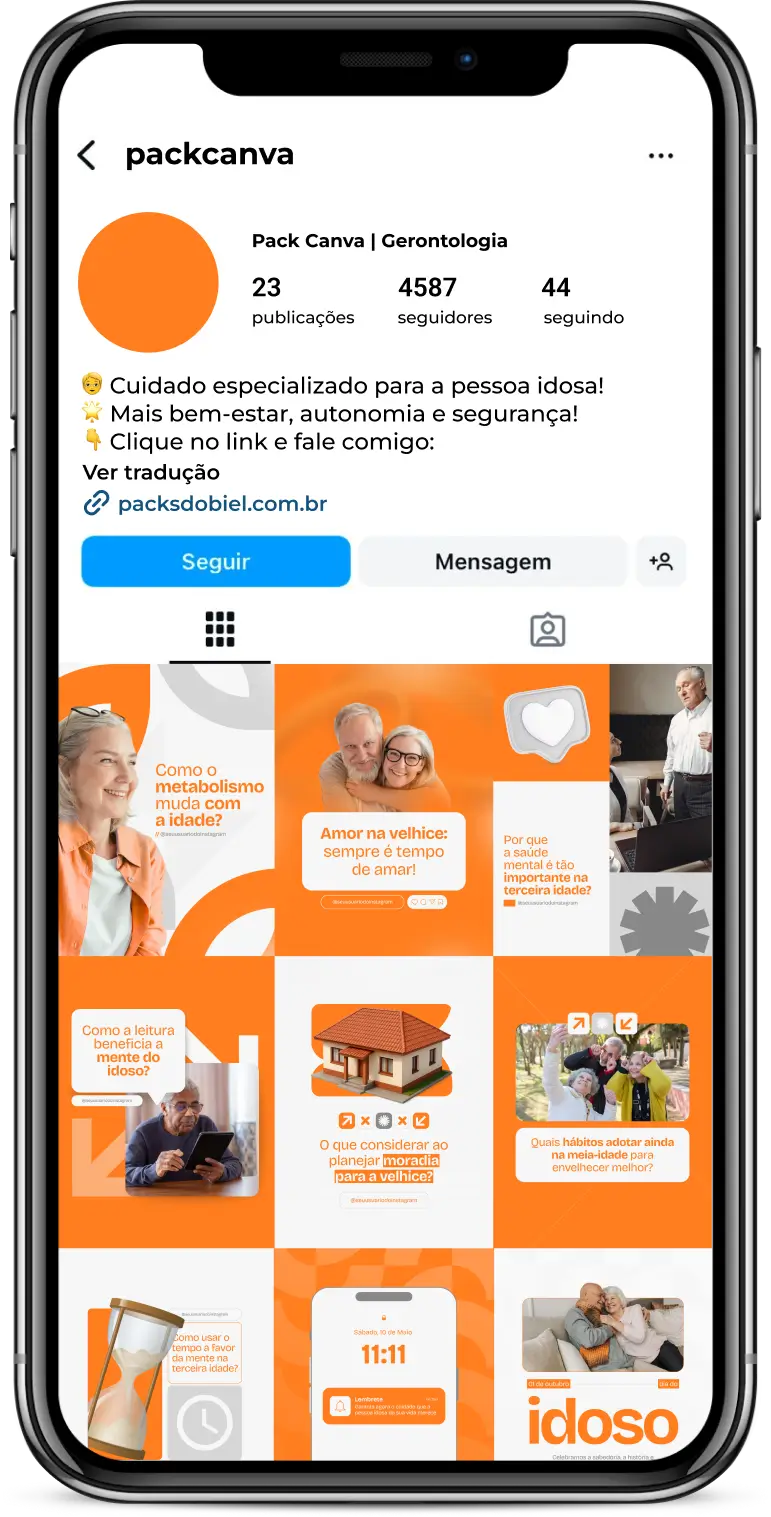 Pack Canva Gerontologia – Posts e artes editáveis para perfis de gerontologia no Instagram e redes sociais. Compartilhe conteúdos sobre autonomia do idoso, envelhecimento ativo, saúde mental e física na velhice, prevenção de doenças e educação gerontológica. Destaque seu perfil e amplie seu alcance profissional.