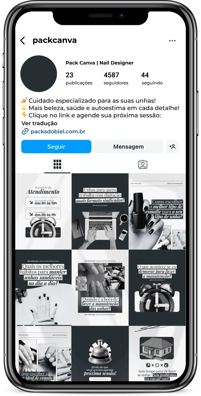 Pack Canva Nail Designer – Artes e posts editáveis para perfis profissionais no Instagram voltados à área da beleza das unhas. Compartilhe conteúdo visualmente atrativo sobre técnicas de nail art, manutenção, cuidados com as cutículas, unhas em gel e fidelização de clientes. Destaque seu perfil e atraia novos atendimentos com uma comunicação estratégica.