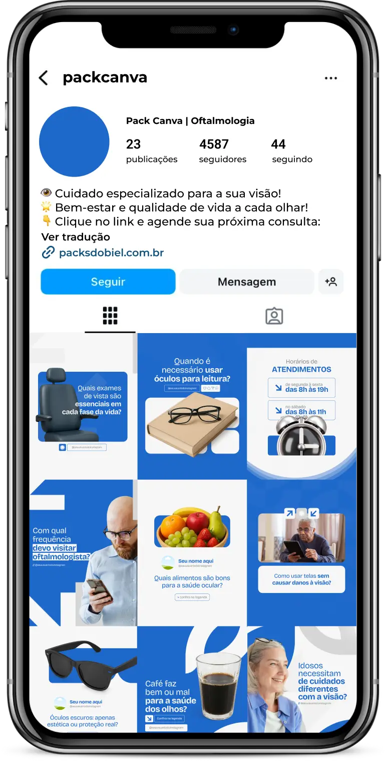 Pack Canva Oftalmologia – Artes e posts editáveis para perfis de oftalmologistas no Instagram. Compartilhe informações sobre exames oftalmológicos, saúde visual, cuidados com a visão em diferentes idades, diagnóstico precoce e tratamentos modernos para doenças oculares. Amplie sua presença digital e atraia pacientes com conteúdos informativos e engajadores.