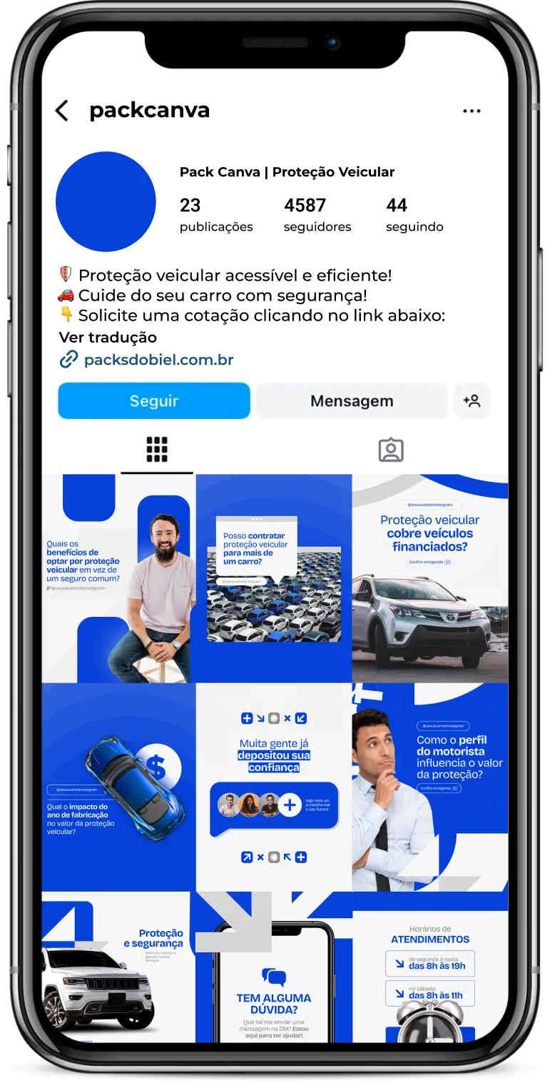 Pack Canva Proteção Veicular – Posts e artes editáveis para perfis de proteção veicular no Instagram e redes sociais. Compartilhe informações sobre assistência 24h, cobertura contra roubo e acidentes, vantagens em relação ao seguro tradicional e fidelização de clientes. Profissionalize seu perfil e aumente seu alcance.