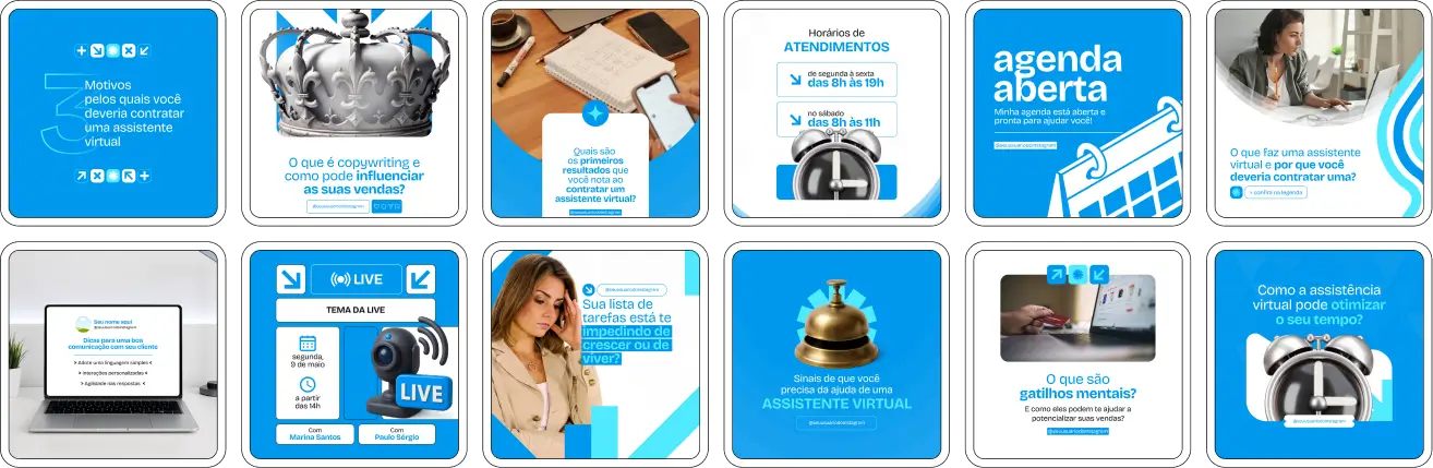 Pack Canva Assistente Virtual – Kit de posts e conteúdos editáveis no Canva, ideal para quem atua como assistente virtual e deseja atrair clientes nas redes sociais. Inclui artes profissionais com textos prontos sobre produtividade, organização, serviços prestados, rotina de trabalho remoto, atendimento ao cliente, dicas de ferramentas e posicionamento estratégico no Instagram.
