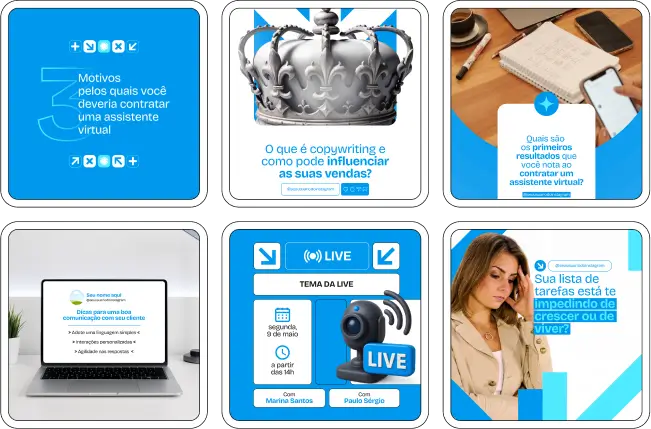 Pack Canva Assistente Virtual – Conjunto de materiais visuais e legendas otimizadas para assistentes virtuais que desejam se destacar no digital. Contempla posts sobre gestão de tempo, tarefas administrativas, marketing digital, relacionamento com o cliente, prestação de serviços online e fortalecimento de marca pessoal com design moderno e prático para editar.