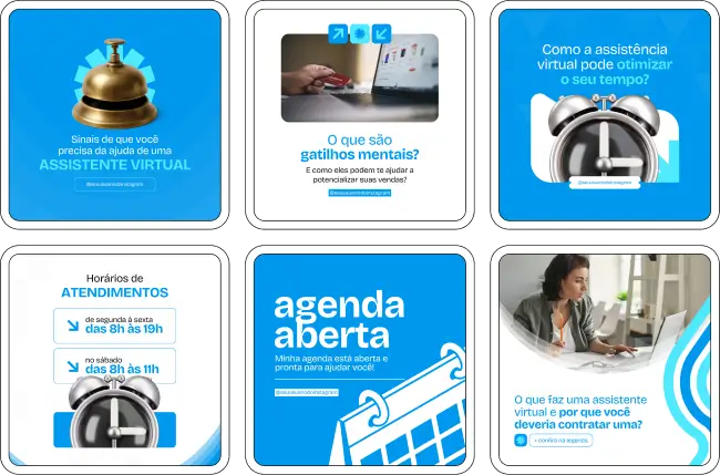 Pack Canva Assistente Virtual – Kit de posts e conteúdos editáveis no Canva, ideal para quem atua como assistente virtual e deseja atrair clientes nas redes sociais. Inclui artes profissionais com textos prontos sobre produtividade, organização, serviços prestados, rotina de trabalho remoto, atendimento ao cliente, dicas de ferramentas e posicionamento estratégico no Instagram.