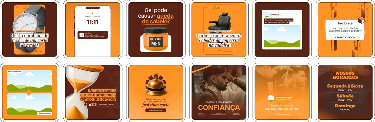 Pack Canva Barbearia – Conjunto de posts e artes para social media com conteúdo estratégico focado no universo masculino. Com esse material, barbeiros e donos de barbearias podem divulgar serviços, atrair clientes, manter o perfil ativo com autoridade e se destacar visualmente nas redes, utilizando textos prontos e artes 100% personalizáveis no Canva.