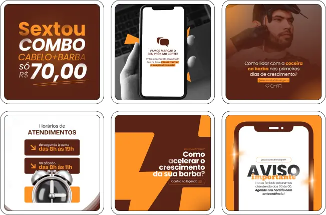 Pack Canva Barbearia – Kit com artes e conteúdos editáveis no Canva, ideal para barbearias que desejam fortalecer sua presença no Instagram e redes sociais. Inclui posts prontos com temas como cortes masculinos, cuidados com a barba, tendências de estilo, fidelização de clientes, promoções e dicas de cuidados pessoais, tudo com design impactante e profissional.