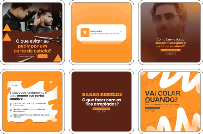 Pack Canva Barbearia – Kit com artes e conteúdos editáveis no Canva, ideal para barbearias que desejam fortalecer sua presença no Instagram e redes sociais. Inclui posts prontos com temas como cortes masculinos, cuidados com a barba, tendências de estilo, fidelização de clientes, promoções e dicas de cuidados pessoais, tudo com design impactante e profissional.