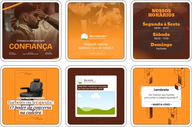 Pack Canva Barbearia – Conjunto de posts e artes para social media com conteúdo estratégico focado no universo masculino. Com esse material, barbeiros e donos de barbearias podem divulgar serviços, atrair clientes, manter o perfil ativo com autoridade e se destacar visualmente nas redes, utilizando textos prontos e artes 100% personalizáveis no Canva.