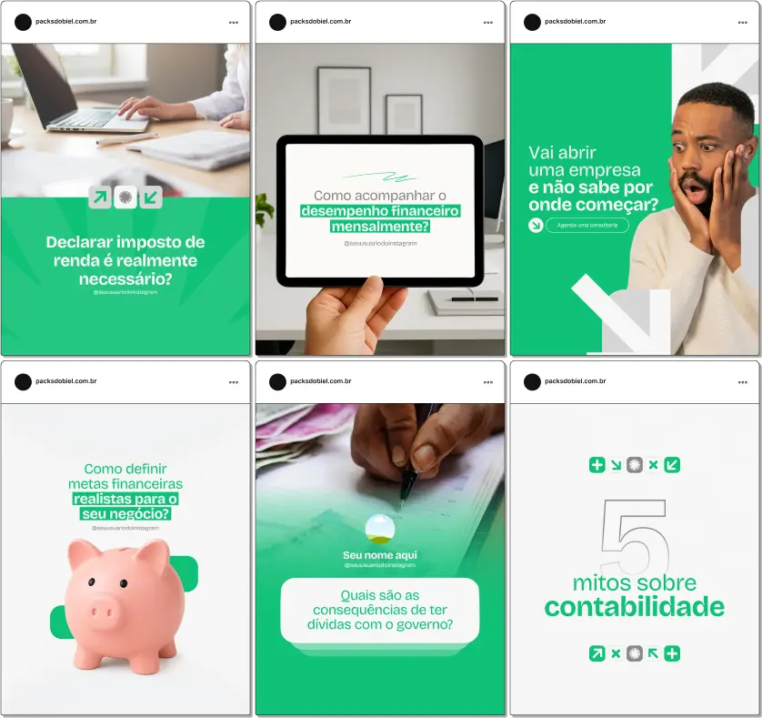Pack Canva Contabilidade 2.0 – Conjunto completo de materiais para social media contábil com foco em conteúdos como controle de fluxo de caixa, abertura de empresa, declaração de imposto de renda, contabilidade consultiva, dicas para empreendedores e boas práticas fiscais. Ideal para quem quer posicionar sua marca contábil de forma profissional, gerar valor e se destacar digitalmente.