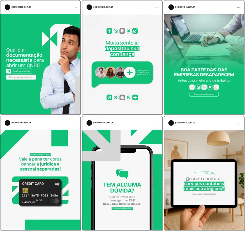 Pack Canva Contabilidade – Artes editáveis e conteúdos prontos para contadores, escritórios contábeis e profissionais de finanças. Ideal para quem deseja fortalecer sua autoridade, explicar temas como MEI, IRPF, planejamento tributário e atrair clientes pelo Instagram e redes sociais.