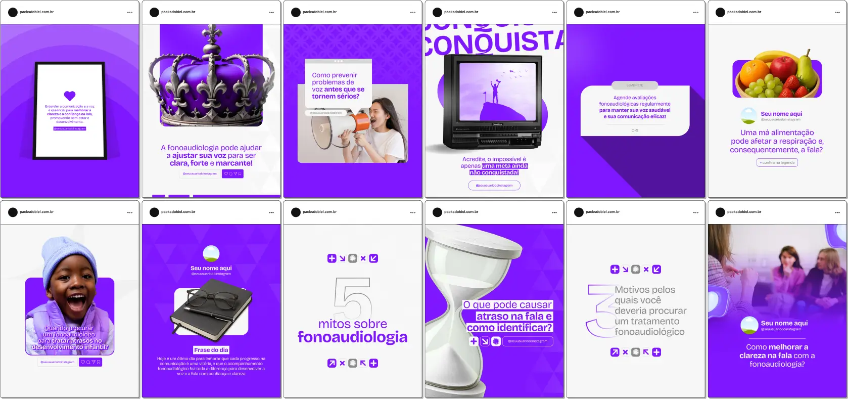 Pack Canva Fonoaudiologia – Kit de conteúdos visuais e editáveis voltado para profissionais da comunicação e da saúde vocal que desejam se posicionar com autoridade nas redes sociais. Com artes pensadas para o Instagram e outras plataformas, aborda temas como linguagem infantil, reabilitação auditiva, distúrbios da fala, dislexia, disfagia e orientações práticas para familiares, facilitando o engajamento com o público e a captação de pacientes.