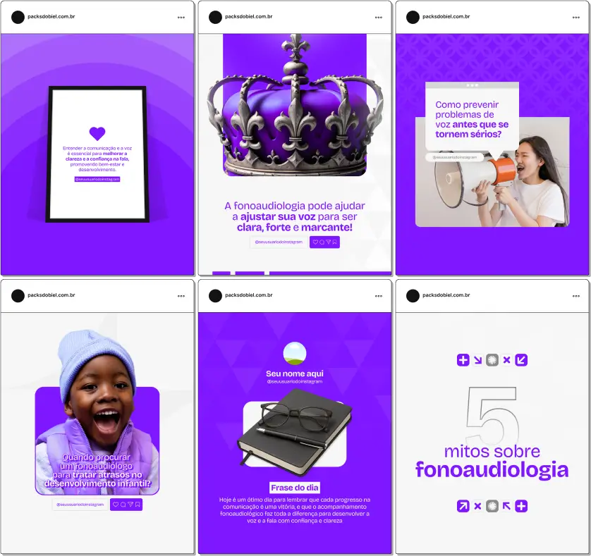 Pack Canva Fonoaudiologia – Kit de conteúdos visuais e editáveis voltado para profissionais da comunicação e da saúde vocal que desejam se posicionar com autoridade nas redes sociais. Com artes pensadas para o Instagram e outras plataformas, aborda temas como linguagem infantil, reabilitação auditiva, distúrbios da fala, dislexia, disfagia e orientações práticas para familiares, facilitando o engajamento com o público e a captação de pacientes.