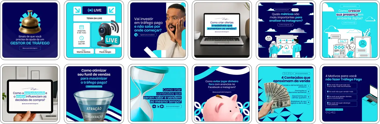 Pack Canva Gestor de Tráfego – Kit com posts e artes editáveis para profissionais de tráfego pago que desejam fortalecer seu posicionamento nas redes sociais. Inclui conteúdos prontos sobre estratégias no Meta Ads, Google Ads, funil de vendas, métricas essenciais, testes A/B, criativos de alta performance e dicas para atrair clientes que realmente valorizam resultados.