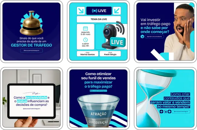Pack Canva Gestor de Tráfego – Materiais visuais prontos para edição no Canva, com foco em social media e marketing digital para gestores de tráfego. Traz posts explicativos sobre ROI, segmentação de público, campanhas de conversão, anúncios de remarketing, diferenciais de um bom gestor e conteúdos educativos que aumentam autoridade no Instagram.