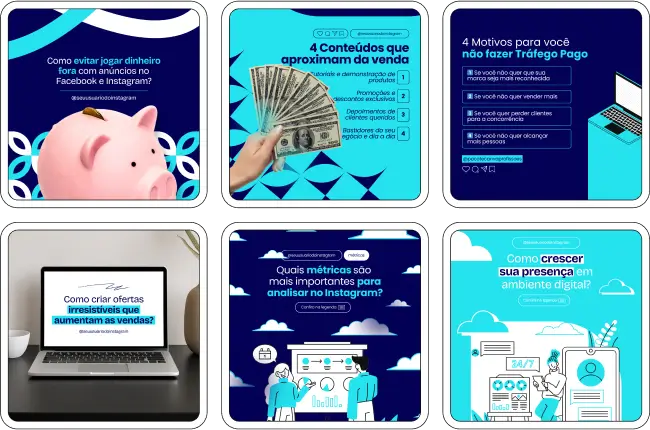 Pack Canva Gestor de Tráfego – Materiais visuais prontos para edição no Canva, com foco em social media e marketing digital para gestores de tráfego. Traz posts explicativos sobre ROI, segmentação de público, campanhas de conversão, anúncios de remarketing, diferenciais de um bom gestor e conteúdos educativos que aumentam autoridade no Instagram.
