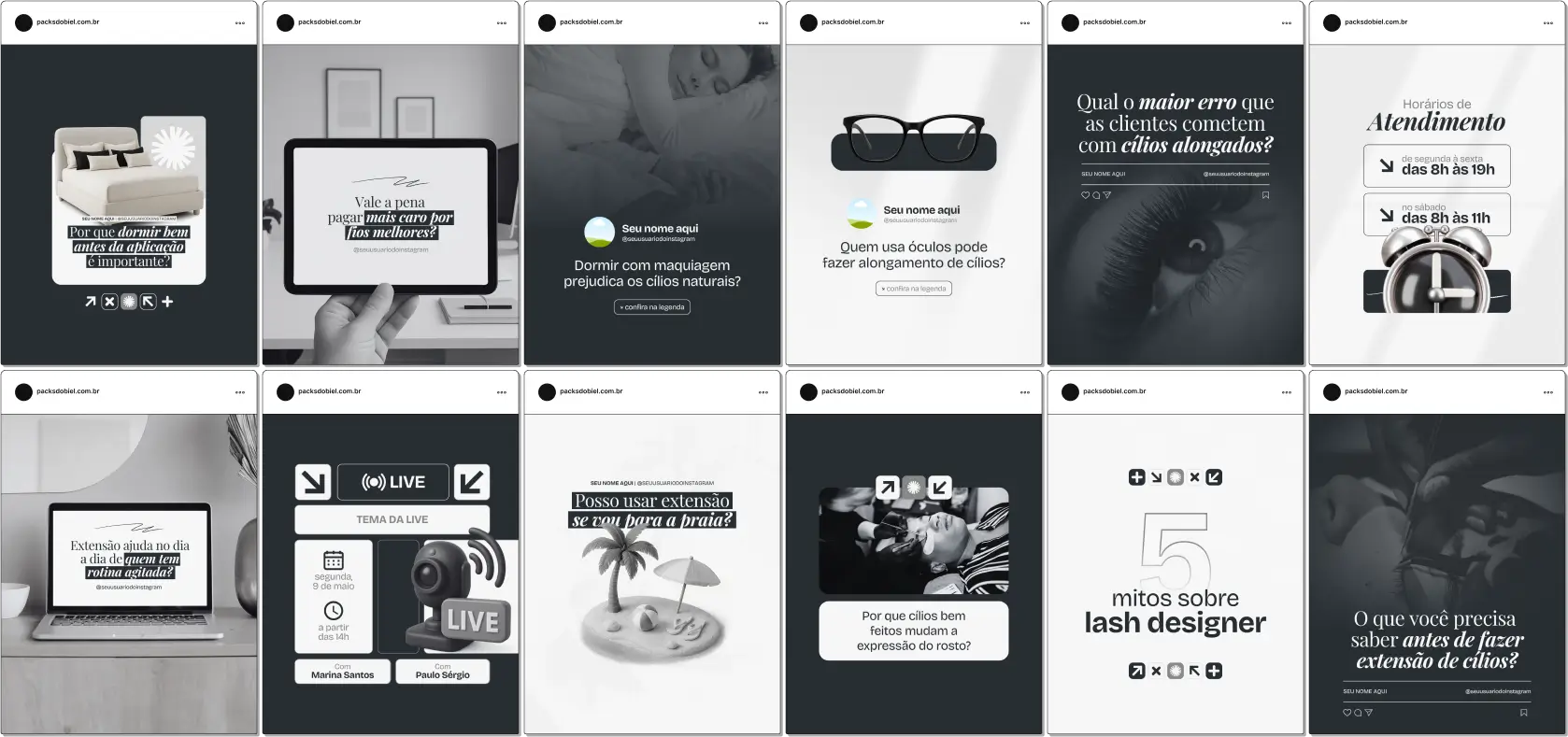 Pack Canva Lash Designer – Kit com posts e artes editáveis no Canva, feito para lash designers que desejam transformar o perfil do Instagram em uma vitrine profissional. Inclui conteúdos prontos sobre alongamento de cílios, técnicas fio a fio e volume russo, cuidados pós-procedimento, fidelização de clientes e valorização do trabalho estético com identidade visual elegante e estratégica.