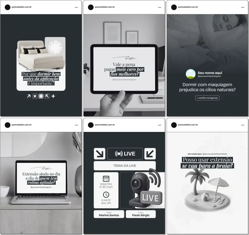 Pack Canva Lash Designer – Kit com posts e artes editáveis no Canva, feito para lash designers que desejam transformar o perfil do Instagram em uma vitrine profissional. Inclui conteúdos prontos sobre alongamento de cílios, técnicas fio a fio e volume russo, cuidados pós-procedimento, fidelização de clientes e valorização do trabalho estético com identidade visual elegante e estratégica.