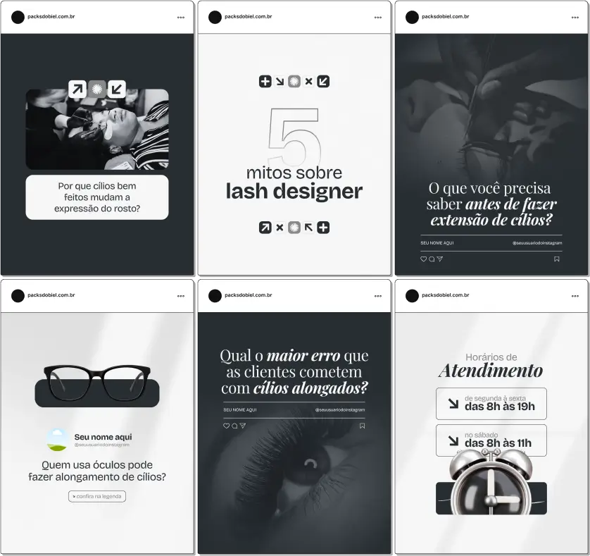 Pack Canva Lash Designer – Conjunto completo de posts com artes modernas e textos otimizados para redes sociais. Ideal para profissionais de extensão de cílios que querem atrair mais clientes, fortalecer a presença digital e se destacar na área da beleza. Com esse pack, você economiza tempo e comunica autoridade com consistência no Instagram.