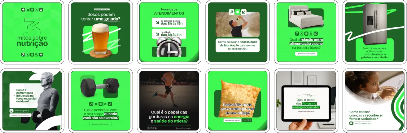 Pack Canva Nutrição Esportiva – Material completo com designs editáveis e textos prontos sobre alimentação funcional, rendimento esportivo, dietas personalizadas, mitos da nutrição e educação alimentar. Indicado para quem deseja manter um perfil atrativo, informativo e com presença digital de destaque no nicho fitness e esportivo.