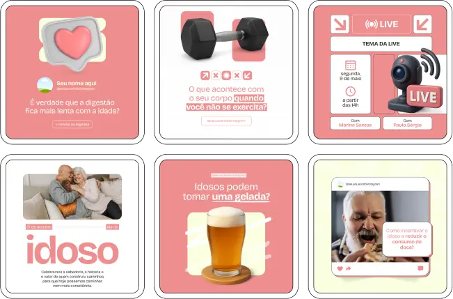 Pack Canva Nutrição Geriátrica – Kit com posts e artes editáveis no Canva focado em alimentação para idosos, ideal para nutricionistas, clínicas geriátricas e profissionais da saúde que atuam com longevidade. Inclui conteúdos prontos sobre nutrição na terceira idade, prevenção de sarcopenia, suporte nutricional em doenças crônicas, hidratação, vitaminas essenciais e cuidados alimentares específicos para envelhecimento saudável.