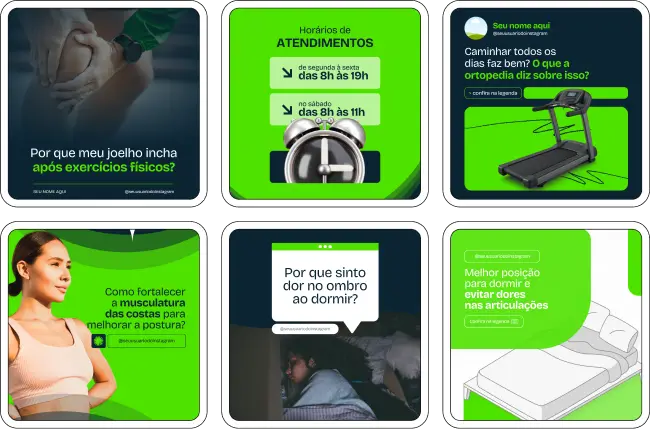 Pack Canva Ortopedista – Conjunto estratégico com materiais visuais e textos sobre dor lombar, artrose, hérnia de disco, ortopedia esportiva, reabilitação física e dicas para cuidar da postura. Perfeito para ortopedistas que querem um perfil profissional atualizado, com conteúdo de valor, autoridade na área e conexão com pacientes por meio de informações claras e acessíveis.