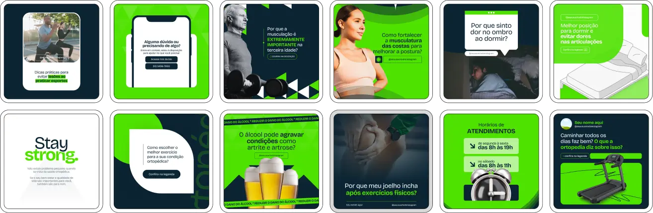 Pack Canva Ortopedista – Conjunto estratégico com materiais visuais e textos sobre dor lombar, artrose, hérnia de disco, ortopedia esportiva, reabilitação física e dicas para cuidar da postura. Perfeito para ortopedistas que querem um perfil profissional atualizado, com conteúdo de valor, autoridade na área e conexão com pacientes por meio de informações claras e acessíveis.
